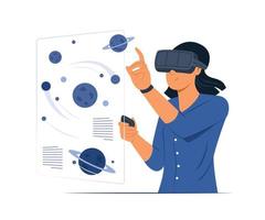 Frau trägt die Virtual-Reality-Brille, um die Kosmos-Infografik zu sehen. vektor