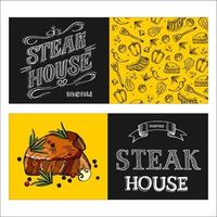 Steak House. vektor illustration.steak dras i krita på en svart tavla. handritad vektorillustration.