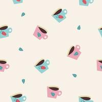 nahtloses Muster mit süßen Cartoon-Kaffee- oder Teetassen. rosa und hellblaue Tassen verziert mit Minze und Erdbeeren. Vektor-Illustration auf hellem Hintergrund. vektor