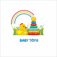 spielzeug kinder. Vektorzeichen, das Logo für den Spielzeugladen. Pyramide, Ducky und der Regenbogen auf dem Gras. vektor