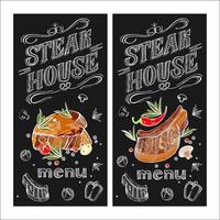 Steak House. vektor illustration meny. biff ritad i krita på en svart tavla. handritad vektorillustration.