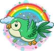 söt grön fågel som flyger med regnbågsbakgrund vektor