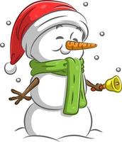 der große Schneemann, der die Glocke hält und den grünen Schal und die Weihnachtsmütze benutzt vektor