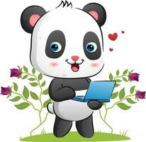 der süße Panda hält einen Laptop in der Hand um etwas im Garten zu präsentieren vektor
