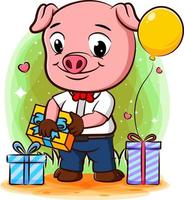 framgångsrik gris affärsman firar framgång med många gåvor vektor