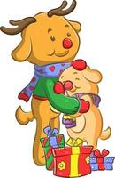 die liebe puppe umarmt den gelben hund neben den weihnachtsgeschenken vektor