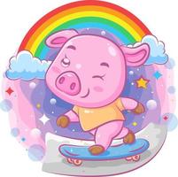 süßes Schwein spielt das Skateboard auf der Straße vektor