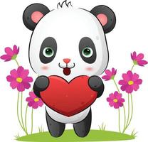 der süße Panda umarmt eine Liebespuppe zum Valentinstag im Garten vektor