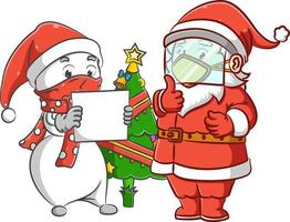 der mr. Schneemann und der Weihnachtsmann stehen in der Nähe des Weihnachtsbaums, um gemeinsam Weihnachten zu feiern vektor