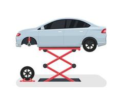 byta hjul på en bil. däckreparation med hiss. vektor illustration