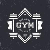 grunge vintage gym logotyp, logotyp med skivstänger, vintage gym t-shirt tryck, vektorillustration vektor