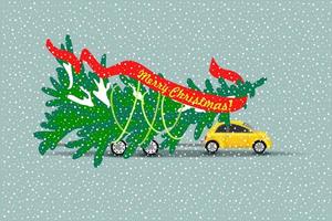 das gelbe Auto trägt einen Weihnachtsbaum. Vektor-Illustration. vektor