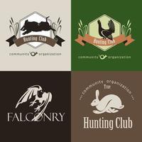 en uppsättning logotyper, emblem jaktklubb. vildsvin, hare, tjäder, falk.