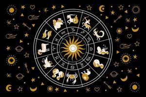 horoskop och astrologi. horoskophjul med zodiakens tolv tecken. stjärnkretsen. vektor illustration.
