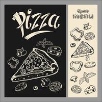 Pizza. Speisekarte. Pizza-Zeichnung mit Kreide auf schwarzem Brett. handgezeichnete Vektor-Illustration. vektor