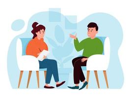 psykoterapi session. en man berättar för en psykolog om sina problem. mental hälsa koncept. vektor illustration