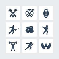 Sportsymbole einzeln auf Weiß, Bogenschießen, Boxen, Lacrosse, Cricket, Sprintlauf, Armdrücken, Fechten, Fußball, Vektorillustration vektor