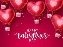 alla hjärtans dag hjärta kärlek ballonger vektor design. glad alla hjärtans dag hälsningstext med flygande hjärta luftballong element i röd bakgrund. vektor illustration.