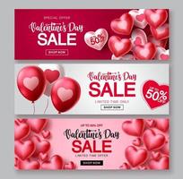 Valentinstag Verkauf Vektor-Banner-Set. Valentinstag-Verkaufstext mit roten Herzballonelementen in roten und weißen Hintergründen für Einkaufsaktionen. Vektor-Illustration. vektor