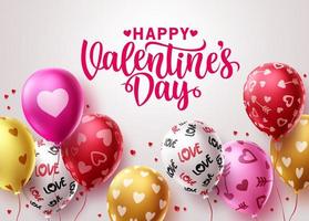 Happy Valentinstag Ballons Vektor-Design. Valentinsgrußtexttypografie mit bunten Geburtstagsballonelementen und Herzmustern in weißem Hintergrund. Vektor-Illustration.