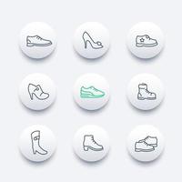 skor linje ikoner set, knä höga stövlar, klackar, plattform pump, öppen tå skor, sneakers vektor