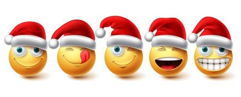 Weihnachten-Vektor-Set. Emoji-Weihnachtsfiguren, die Santa Red Hat Icon-Sammlung tragen, isoliert in weißem Hintergrund für Grafikdesign-Elemente. Vektor-Illustration. vektor