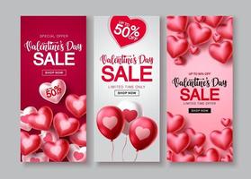 Valentinstag Verkauf Vektor Poster Set. Valentinstag-Verkaufstext mit Herzballonelementen in roten und weißen Hintergründen für Shopping-Banner-Werbeaktionen. Vektor-Illustration.