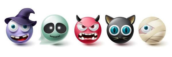 Halloween-Emoji-Vektorsatz. Emoticon und Emojis in gruseliger und beängstigender Charaktersammlung einzeln auf weißem Hintergrund für grafische Elemente. Vektor-Illustration vektor