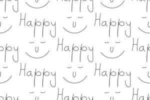 nahtloses Muster mit glücklichen Buchstaben und Smiley-Gesichtssymbolen, schwarzer und weißer Farbhintergrund. Vektor-Illustration. vektor