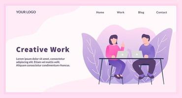 kreativt arbetskoncept med man och arbete på bord diskutera för webbplatsmall eller landningshemsida vektor
