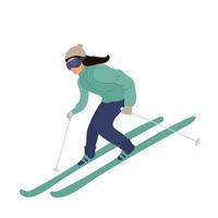 ung kvinna eller flicka rider på skidor på snö, vinter. platt vektorillustration i tecknad stil. sport. vektor