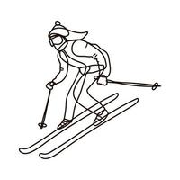 flicka eller ung kvinna åker skidor. linjekonst. svart på vitt isolerade. doodle vektor illustration. doodle stil.