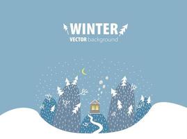 Hintergrund für Winterdesign mit Platz für Text. Berglandschaft im Winter mit einem Häuschen und einer Straße, Schnee fällt und der Mond scheint. vektorhand ertrinken karikaturillustration vektor