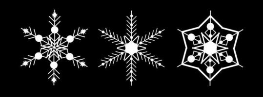 ställa in vit snöflinga på en svart bakgrund. dekor för jul och nyår design av kort, banderoller, webbplatser, ikoner. elegant geometrisk vektor linjär illustration.