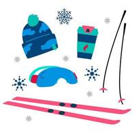 set vintersporttillbehör, hatt, skidglasögon, stavar, skidor och en kopp kaffe. objektgrupp platt vektor tecknad illustration av vintertid aktivitet isolerad på vit bakgrund