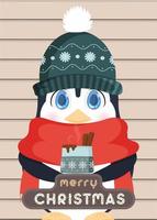 Postkarte Frohe Weihnachten. Der Pinguin trinkt ein heißes Getränk. Ein Pinguin in warmer Winterkleidung hält eine Tasse in den Händen. Vektor
