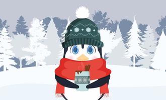 Strickmütze, roter Schal, Heißgetränk, Wintergetränk, Kaffee oder Latte. Ein kleiner süßer Pinguin in einer Wintermütze und einem Schal hält ein heißes Getränk in den Händen. fertige Postkarte. Vektor-Illustration. vektor