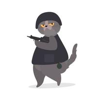 eine lustige Katze mit ernstem Blick hält eine Waffe in den Pfoten. Eine Katze in Militäruniform hält eine Waffe. gut für Aufkleber, T-Shirts und Karten. isoliert. Vektor. vektor