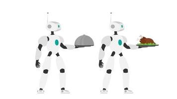 Der Roboter hält ein Metalltablett mit gebratenem Fleisch. Roboter Kellner. das Konzept der zukünftigen Café-Mitarbeiter. isoliert. Vektor. vektor