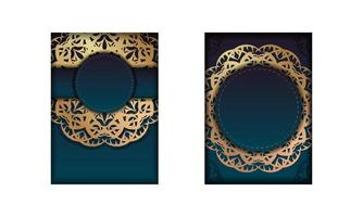 Broschürenvorlage mit blauer Farbverlaufsfarbe mit griechischen Goldornamenten für Ihre Marke. vektor