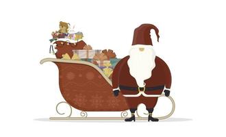 Weihnachtsmann mit roten Schlitten. Schlitten, Geschenke, Neujahr und Weihnachtskonzept. Vektor-Illustration isoliert auf weißem Hintergrund. Design im Cartoon-Stil. vektor