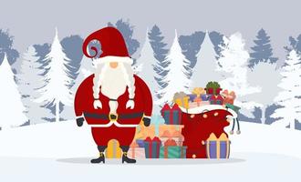 jultomten i vinterskogen. ett berg av presenter, en röd väska, en gammal man med vitt skägg i röd kostym. vektor
