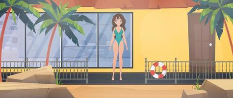 Ein Mädchen im Badeanzug posiert auf der Veranda der Villa. Anime-Frau im Strandanzug am Strand. vektor
