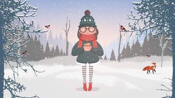 eine frau mit winterwarmer kleidung und brille hält eine tasse in den händen. Ein Mädchen in einem verschneiten Wald trinkt ein heißes Getränk. fertige Postkarte für ein Winterthema. Vektor-Illustration. vektor
