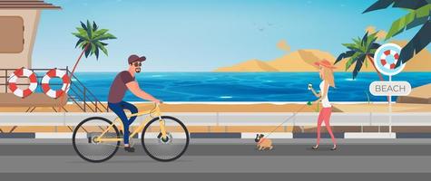 kille i cykelhjälm på cykel. manlig karaktär med turist ryggsäck rider på stranden i höst vektor