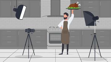 Ein männlicher Koch in der Küche hat einen kulinarischen Blog. Der Typ in der Küchenschürze hält Brathähnchen in der Hand. Vektor. vektor
