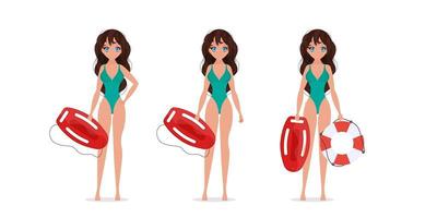 Satz von Frauen Rettungsschwimmer. Strandschwimmermädchen in einem Badeanzug. vektor