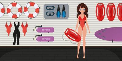 en flicka i en röd baddräkt håller en livbräda. badvaktskvinna i badvaktsrummet. tecknad stil. vektor