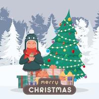 vykort god jul. en flicka i en snöig skog dricker en varm drink på bakgrunden av en tall och gåvor. en kvinna i varma vinterkläder håller en kopp i händerna. ett berg av gåvor. vektor