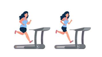 Reihe von Frauen, die auf dem Simulator laufen. Fettes Mädchen läuft auf einem Laufband. das Konzept des Abnehmens und eines gesunden Lebensstils. isoliert. Vektor